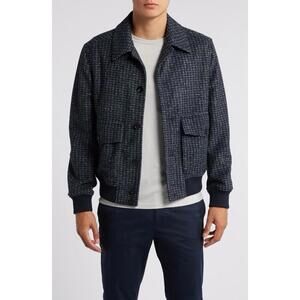 New Reiss Men’s Packer Puppytooth Check Bomber Jacket In Navy Melange Sz XL $540